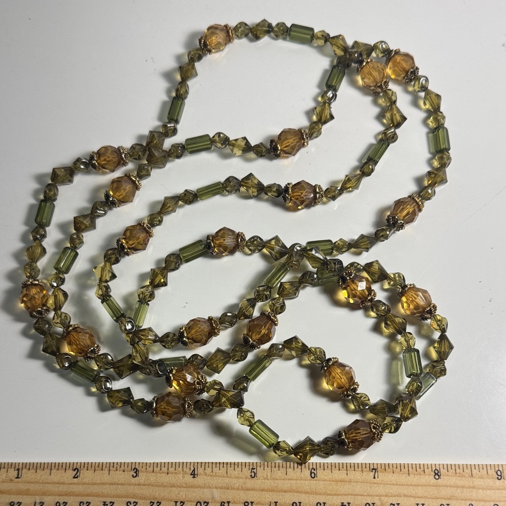 vintage-style multi-strand beaded necklace chartreuse green amber-colored beads